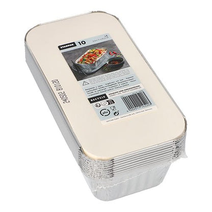 A stack of ten rectangular Starpak 10 trays, aluminum + insert lid, PP-coated trays with white cardboard lids. The top label shows food in a tray, product information for food storage, and a barcode.