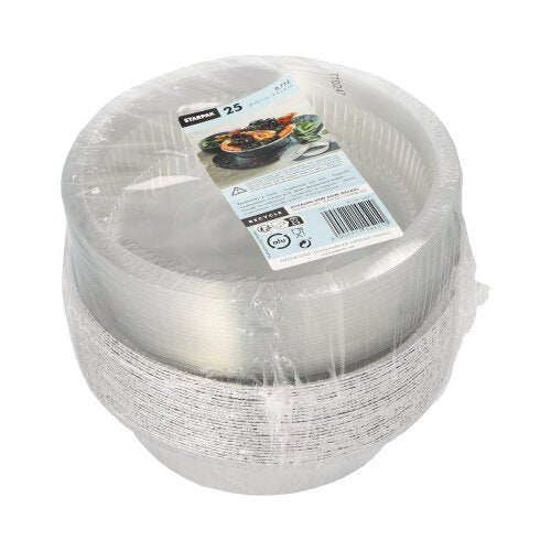 Starpak 25 bowls, aluminum with domed lid (round, 0.77 l, Ø 18.2 cm), shrink-wrapped. Contains label with product information and food photos. Perfect for catering. Package contains 25 pieces.