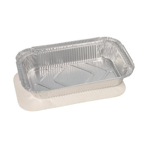 A rectangular Starpak 10 trays aluminum pan with wavy edges and a matching PP-coated cardboard insert lid is depicted empty on a plain white background and is suitable for storing food.