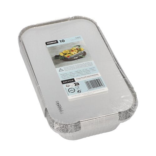 A stack of ten Starpak 10 trays, aluminum + insert lid, PP-coated rectangular trays is wrapped in plastic and labeled with product information and a food image - perfect for food storage.