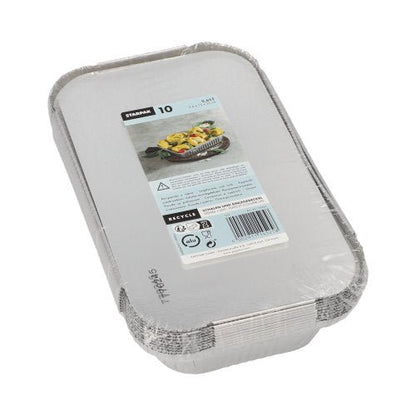 A stack of ten Starpak 10 trays, aluminum + insert lid, PP-coated rectangular trays is wrapped in plastic and labeled with product information and a food image - perfect for food storage.