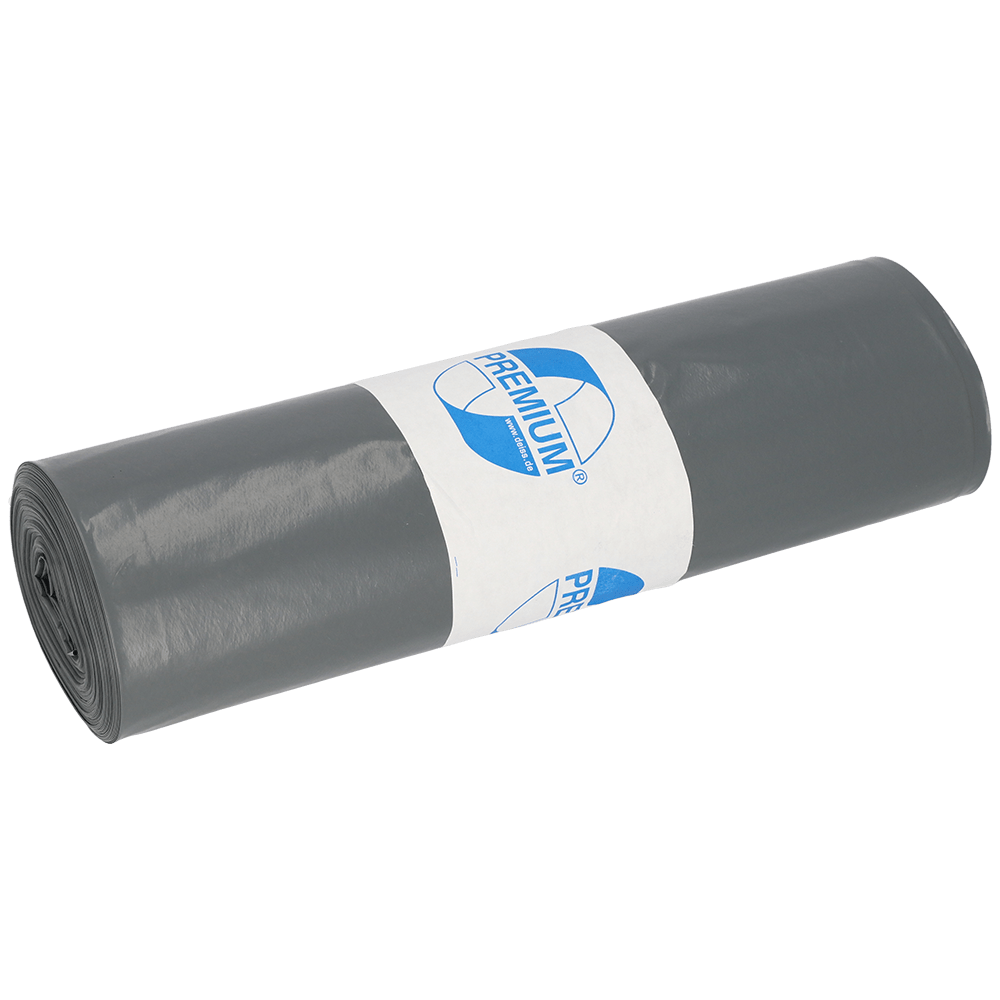 Pictured is a roll of DEISS garbage bags 575x1000x0.05 mm made from recycled LDPE 70 l by EMIL DEISS KG (GmbH + Co.), wrapped with a white label with a blue "PREMIUM" logo, against a white background.