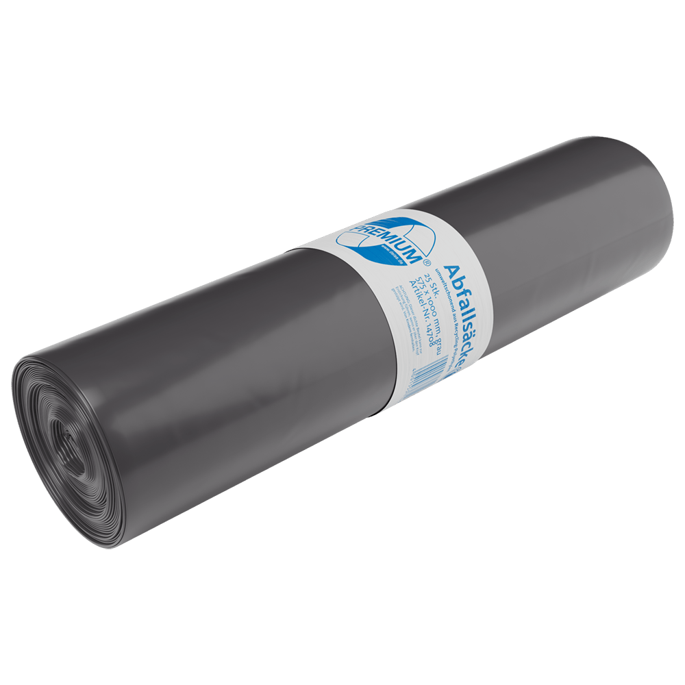 Depicted is a tightly rolled black DEISS trash bag 575x1000x0.06 mm made of recycled LDPE 70 l from EMIL DEISS KG (GmbH + Co.) with a white-blue German label on a white background.