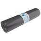 Depicted is a tightly rolled black DEISS trash bag 575x1000x0.06 mm made of recycled LDPE 70 l from EMIL DEISS KG (GmbH + Co.) with a white-blue German label on a white background.