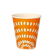 The Starpak 100 cold drink cup features an orange design with white and light blue stripes, a white interior, and holds 100 ml—ideal as a disposable cold drink cup.
