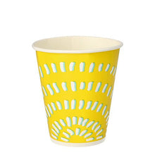 The Starpak 100 drinking cup for cold beverages features a yellow design with white and light blue curved lines. Made of cardboard, each 100 ml cup is ideal as a disposable cup for parties or events.