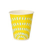The Starpak 100 drinking cup for cold drinks features a yellow design with white and light blue curved lines. Made of paper, each 100 ml cup is ideal as a disposable cup for parties or events.