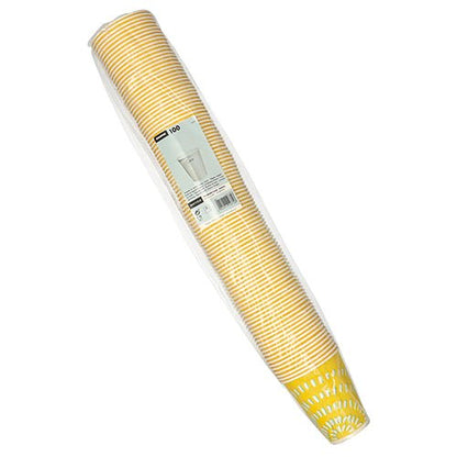 A sealed pack of 100 Starpak drinking cups for cold drinks (paper) in yellow and white stripes, packaged in clear plastic with a visible label on the front.
