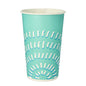 The Starpak 50 drinking cup for cold beverages made of cardboard (0.4 l, Ø 8.97 cm · 13.5 cm) in turquoise with a white interior and a pattern of white and blue semicircles is ideal for cold drinks.
