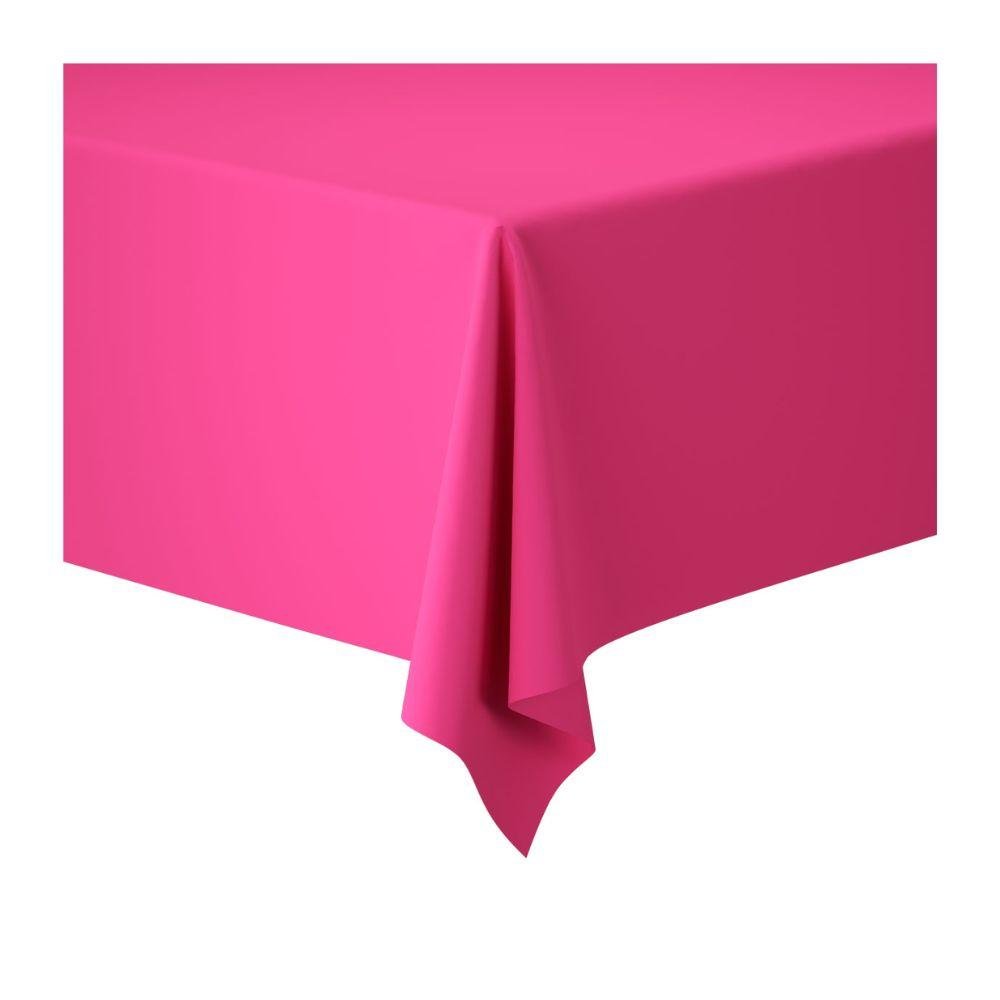 A bright pink Duni Dunicel tablecloth roll 1.18 m x 10 m from Duni GmbH covers a rectangular table and gently falls over the sides. Ideal for weddings, banquets, or corporate events. Set against a plain white background.
