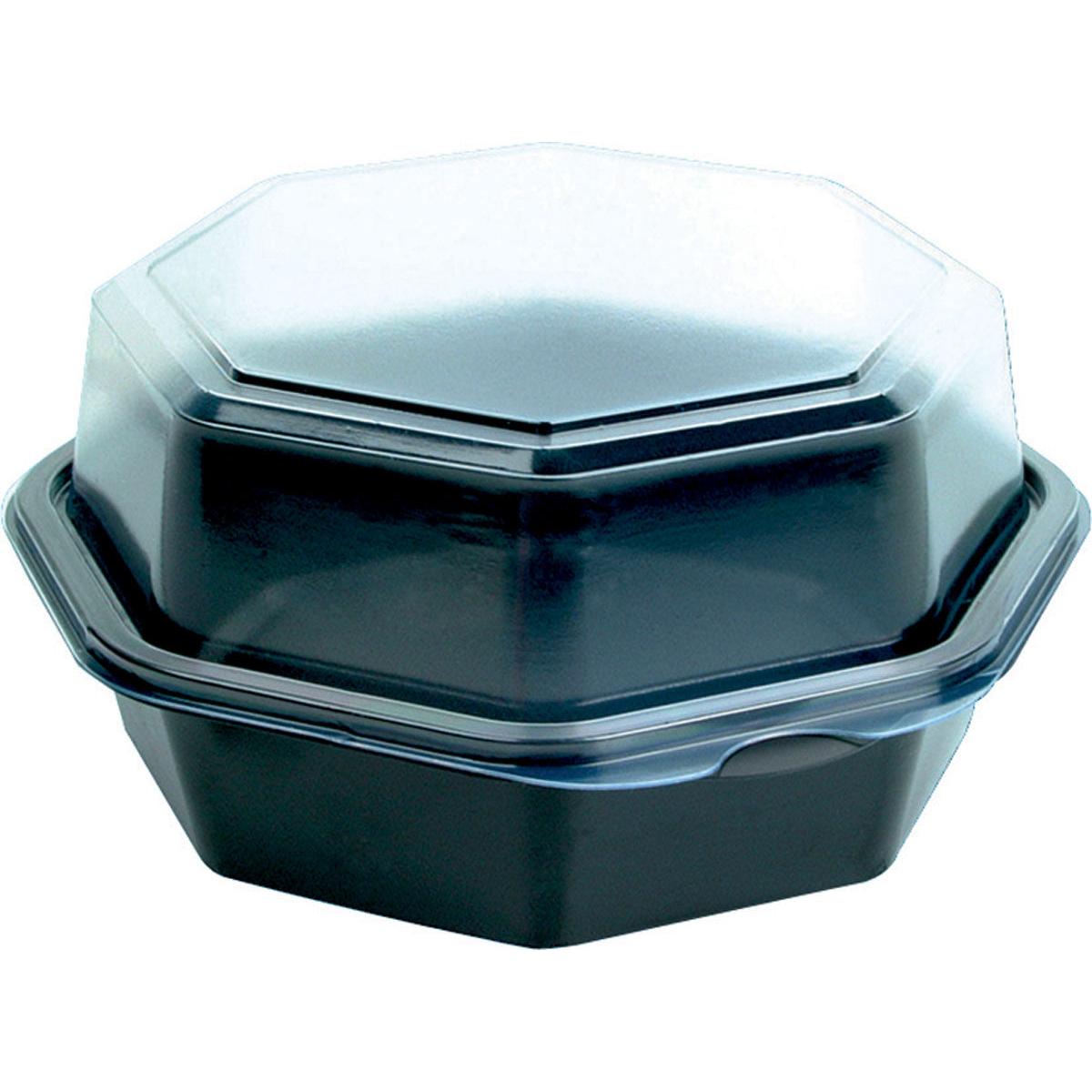 The Octaview® C&C package 160x160x80 mm from Duni GmbH is a black, octagonal plastic container with a transparent lid, perfect as a stackable box for small parts. Shown empty on a white background. Package with 35 pieces.