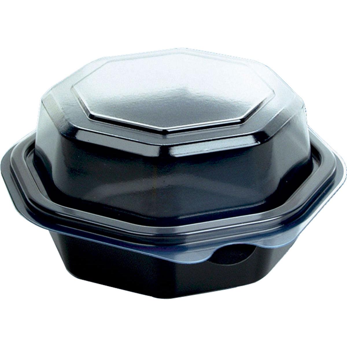 A Duni GmbH Octaview® C&C package (118x118x60 mm, Black/Transparent PS, 35 pieces) is depicted with its transparent, octagonal lid closed against a plain white background.