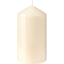 An unlit ivory pillar candle from Duni GmbH in the size 150 x 80 mm with a smooth, shiny surface and visible wick offers a long burning time of around 60 hours.