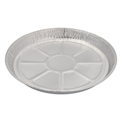 The Starpak 25 Round Pan, Aluminum Round, is a round, flat cake pan made of aluminum with a slightly raised rim and a segmented bottom, ideal for baking; pictured against a plain white background.
