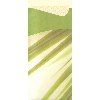 A close-up of the Sacchetto tissue 190 x 85 mm from Duni GmbH, in green and cream with diagonal green stripes and a solid green, wavy flap, perfect for storing disposable tissues.