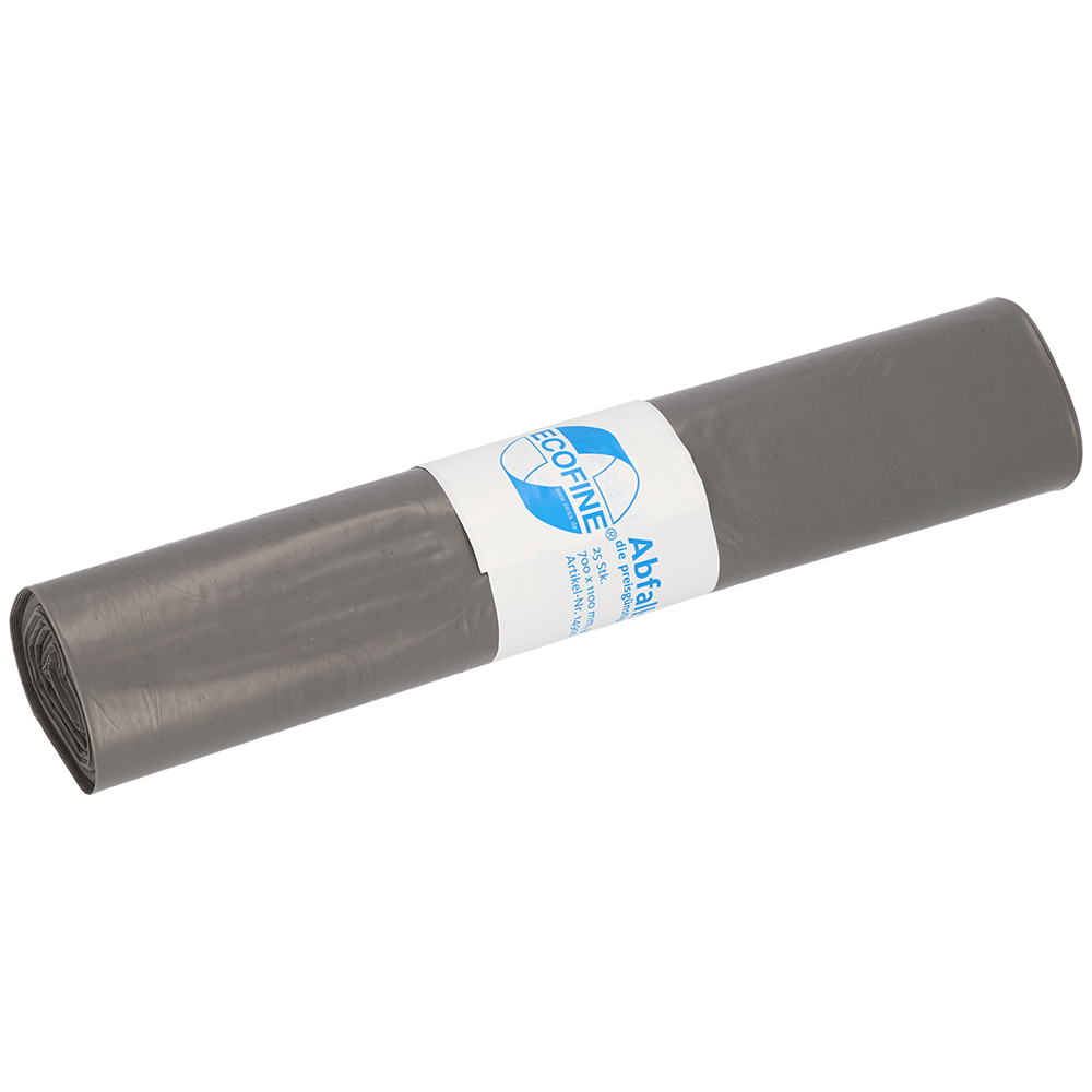 A rolled bundle of DEISS ECOFINE® waste bags 13900 made of recycled LDPE/LLDPE, 120 liters from EMIL DEISS KG (GmbH + Co.), with a white label with blue text - ideal for environmentally friendly waste disposal.