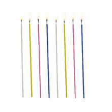 Eight PAPSTAR spaghetti candles, color assorted (Ø 3 mm, 16.5 cm), in gray, yellow, pink, and blue by PAPSTAR GmbH, are lit in a vertical row on a white background.