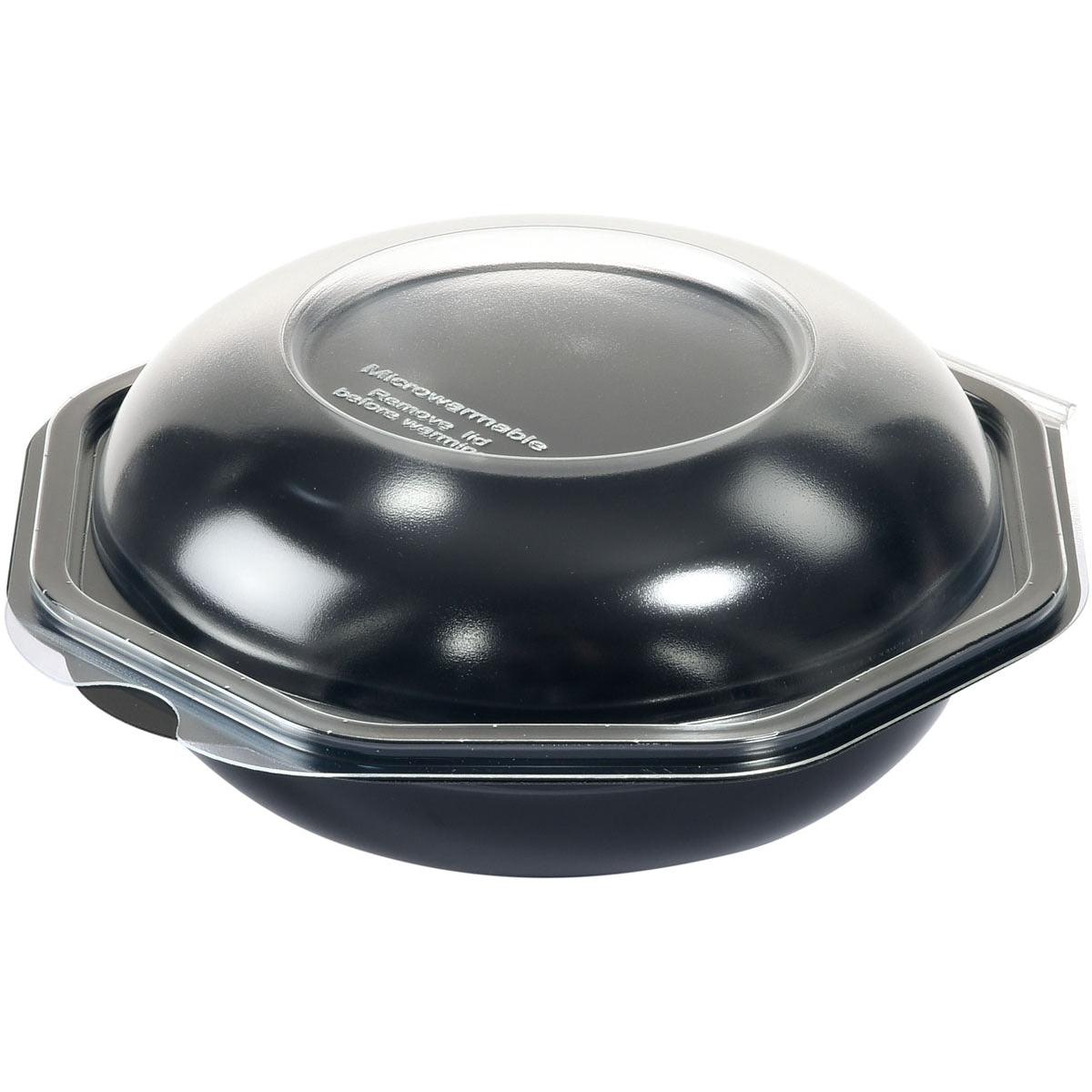The illustration shows a Duni GmbH Octabowl® black/transparent (160x160x72 mm), a versatile bowl with a clear, domed lid, presented empty against a white background. Packaging unit: 405 pieces.