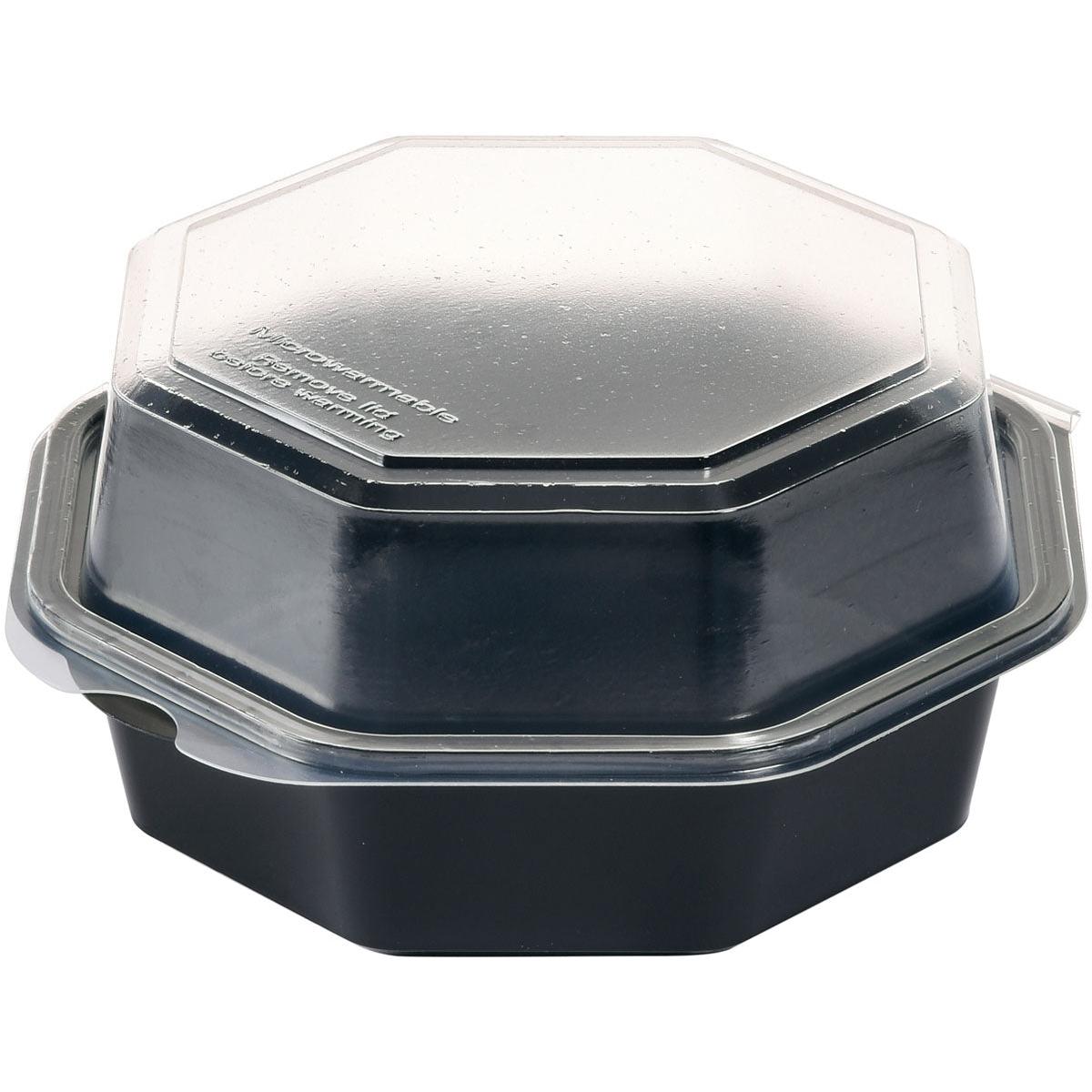 The Duni GmbH Octaview® Black/Transparent PS 160x160x80 mm container, a high-quality privacy plate for food storage (package: 405 pieces), is depicted on a white background with a closed, slightly matte lid.