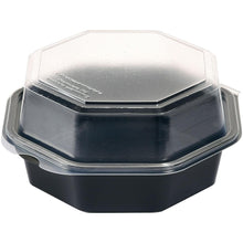 The Duni GmbH Octaview® Black/Transparent PS 160x160x80 mm container, a high-quality privacy plate for food storage (package: 405 pieces), is depicted on a white background with a closed, slightly matte lid.