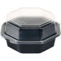 The Duni GmbH Octaview® Black/Transparent PS 160x160x80 mm container, a high-quality privacy plate for food storage (package: 405 pieces), is depicted on a white background with a closed, slightly matte lid.