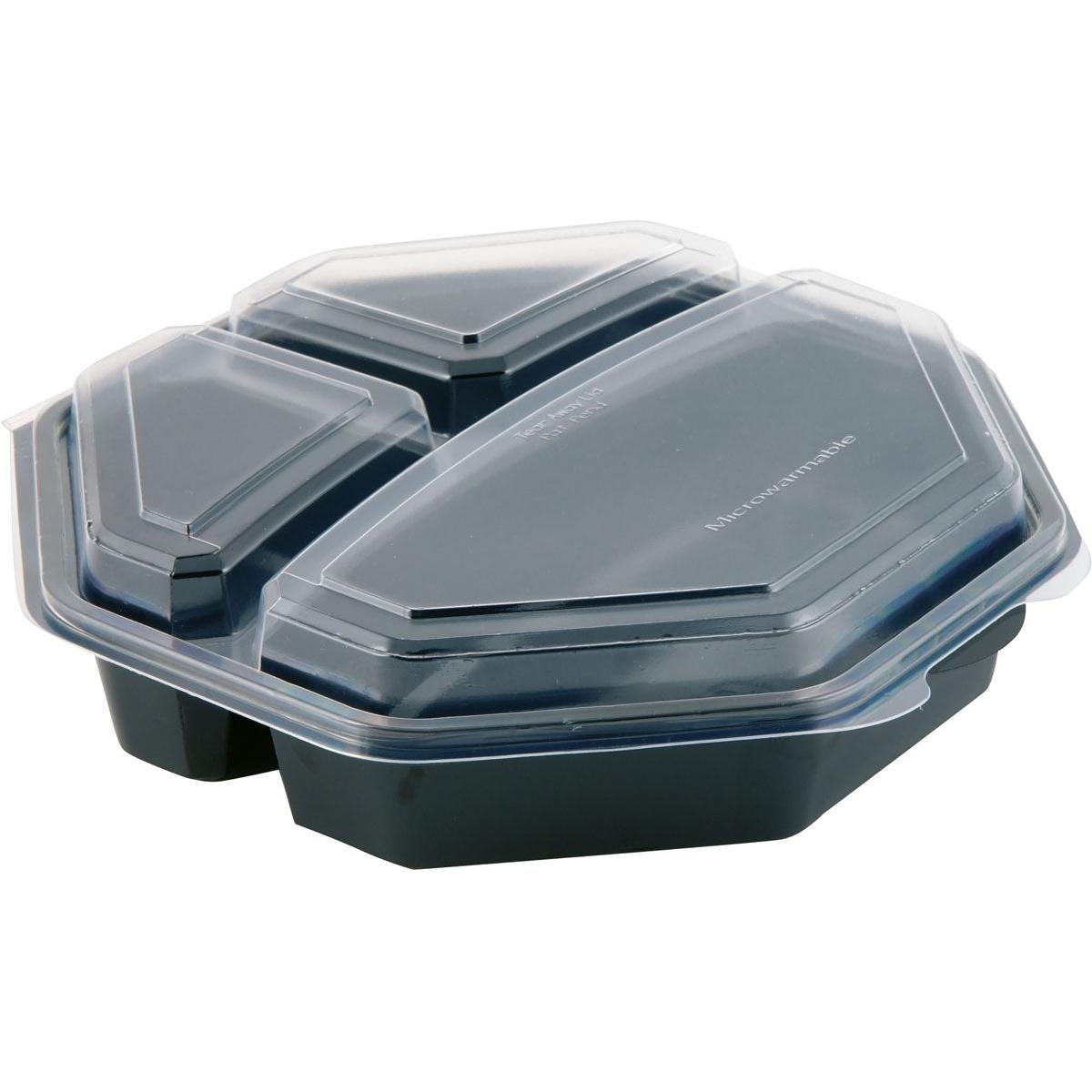 Pictured is a closed Octaview® 3 food tray from Duni GmbH in black with a clear lid (230x230x60 mm, 3 compartments) on a white background.