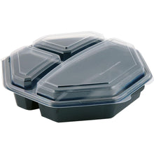 Pictured is a closed Octaview® 3 food tray from Duni GmbH in black with a clear lid (230x230x60 mm, 3 compartments) on a white background.