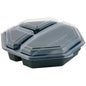 Pictured is a closed Octaview® 3 food tray from Duni GmbH in black with a clear lid (230x230x60 mm, 3 compartments) on a white background.