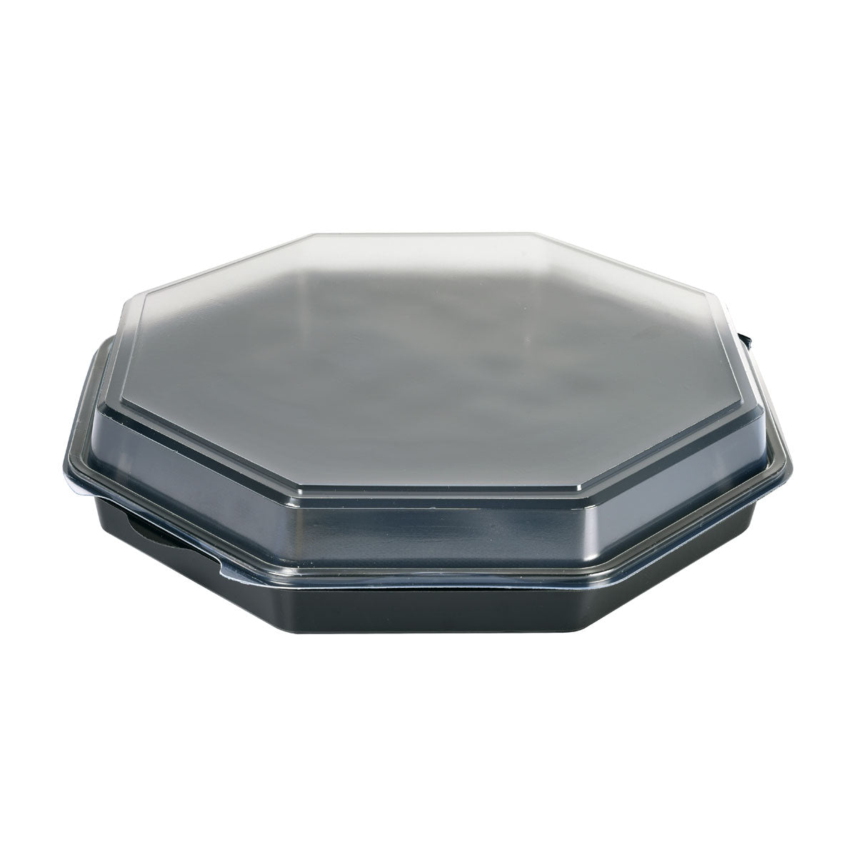 A closed Octaview® Black/Transparent PS 305x305x60 takeout container from Duni GmbH is depicted on a white background, showcasing its practical design for food service packaging; the pack contains 75 pieces.