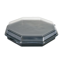 A closed Octaview® Black/Transparent PS 305x305x60 takeout container from Duni GmbH is depicted on a white background, showcasing its practical design for food service packaging; the pack contains 75 pieces.