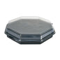 A closed Octaview® Black/Transparent PS 305x305x60 takeout container from Duni GmbH is depicted on a white background, showcasing its practical design for food service packaging; the pack contains 75 pieces.