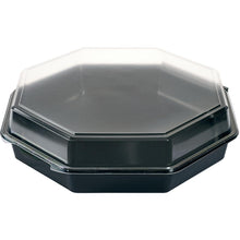 The Duni GmbH Octaview® PS 305x305x80 is a black octagonal takeout box with a transparent lid, closed from the top. Packaged as a set of 75 high-quality boxes (Black/Transparent).