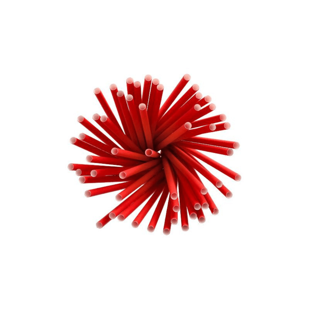A group of sustainable red paper drinking straws from the PAPSTAR shake straws paper brand with a diameter of 8 mm and a length of 25 cm is arranged in a circular pattern, with the white tips pointing outward.