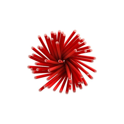 A group of sustainable red paper drinking straws from the PAPSTAR shake straws paper brand with a diameter of 8 mm and a length of 25 cm is arranged in a circular pattern, with the white tips pointing outward.