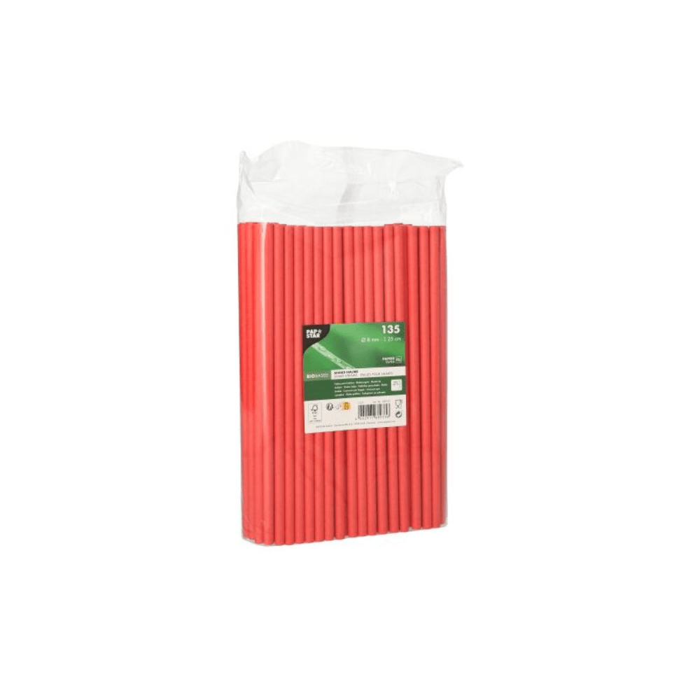 On a white background, there is a transparent plastic package with 135 PAPSTAR shake straws paper drinking straws in red and a green and white label for product information.
