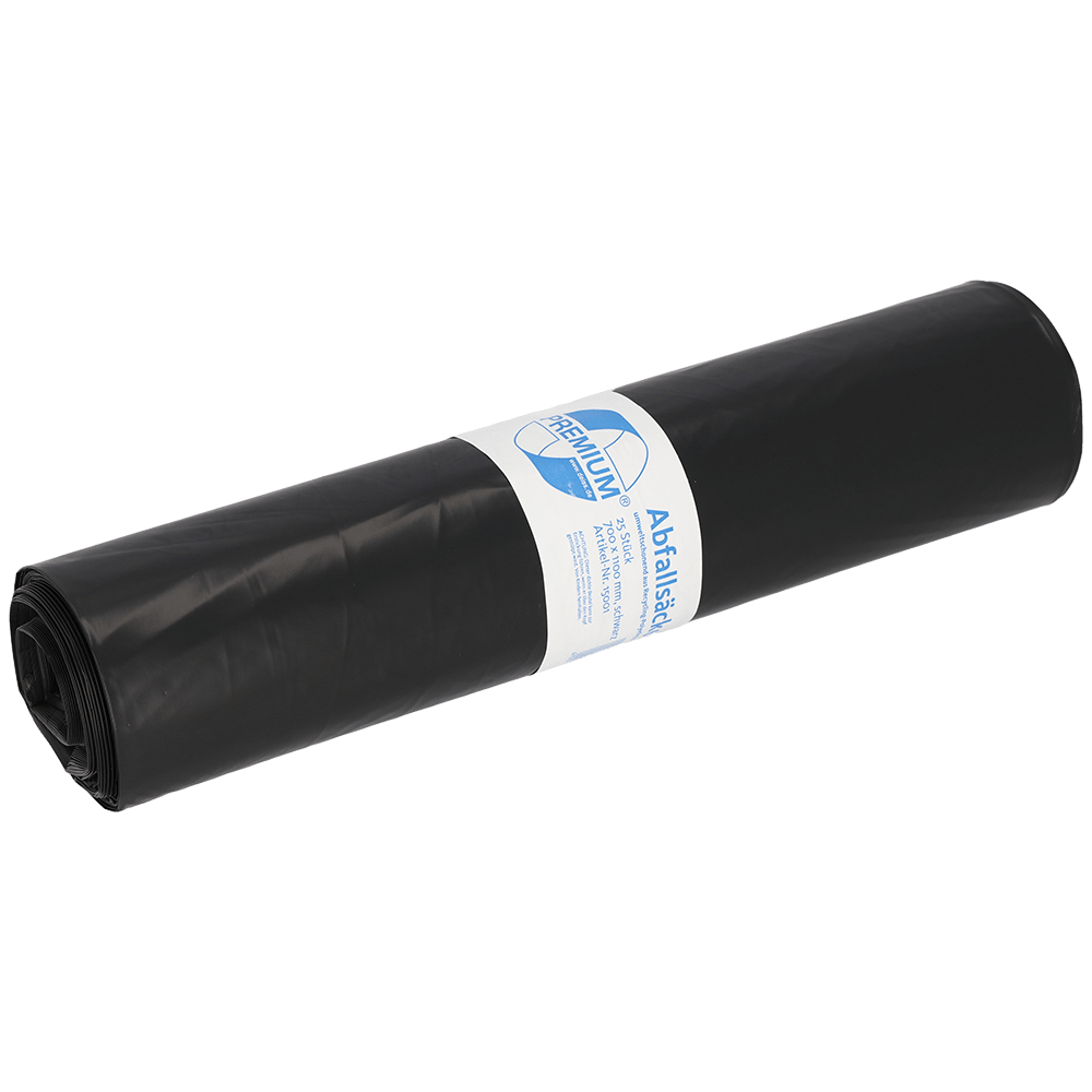 The DEISS 15001 garbage bags (700x1100 mm, type 60, black, roll of 25 pieces) from EMIL DEISS KG (GmbH + Co.) are ideal garbage bags for waste disposal - here with a white-blue label on a white background.