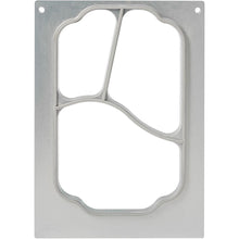 The rectangular cassette DF10/20 from Duni GmbH for 3-compartment PP trays (550/350/200 ml) has a cutout with three small tops and a larger bottom part, as well as two small round holes in the upper corners.