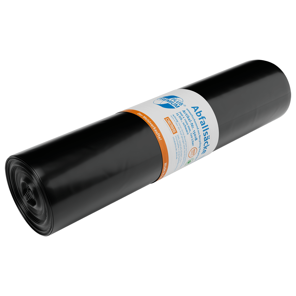 Pictured is a roll of DEISS 15018 trash bags (700x1100 mm, black, 25 pieces) from EMIL DEISS KG (GmbH + Co.) on a white background - ideal for efficient waste disposal and awarded as the best-selling trash bags.