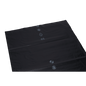 A large, flat black plastic sheet, like the DEISS Premium Garbage Bags 120L by EMIL DEISS KG (700x1100x0.1mm), with recycling symbols and the number 65 in white, lies on a white background.