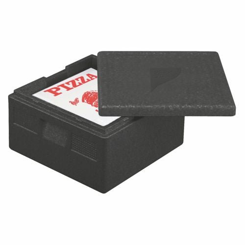 The insulated transport container "Pizza" (EPP, black, 41x41 cm) of PAPSTAR GmbH is partially open with a "PIZZA" box inside - ideal for safe pizza transport.