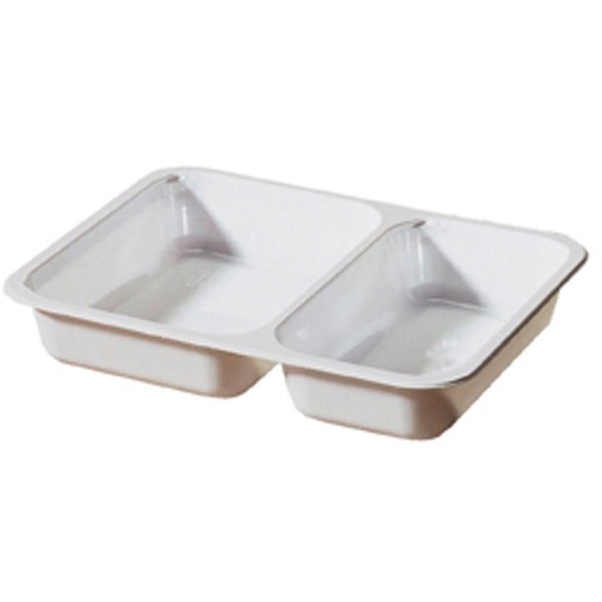 The CPET tray 225x175x35 mm in white from Duni GmbH is suitable as a heat-resistant food packaging with two differently sized compartments - ideal for canteen meals or pre-packaged foods (Package: 250 pieces).