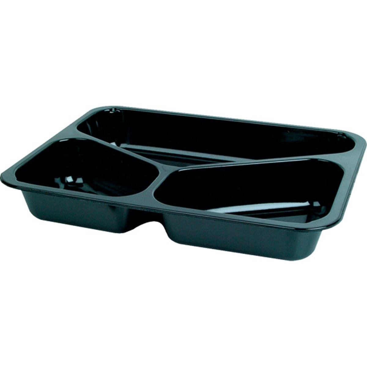 The Duni GmbH CPET tray 225x175 mm, black has three compartments, raised edges, is microwave safe, and is ideal for food packaging. Delivered in a pack of 250 pieces.