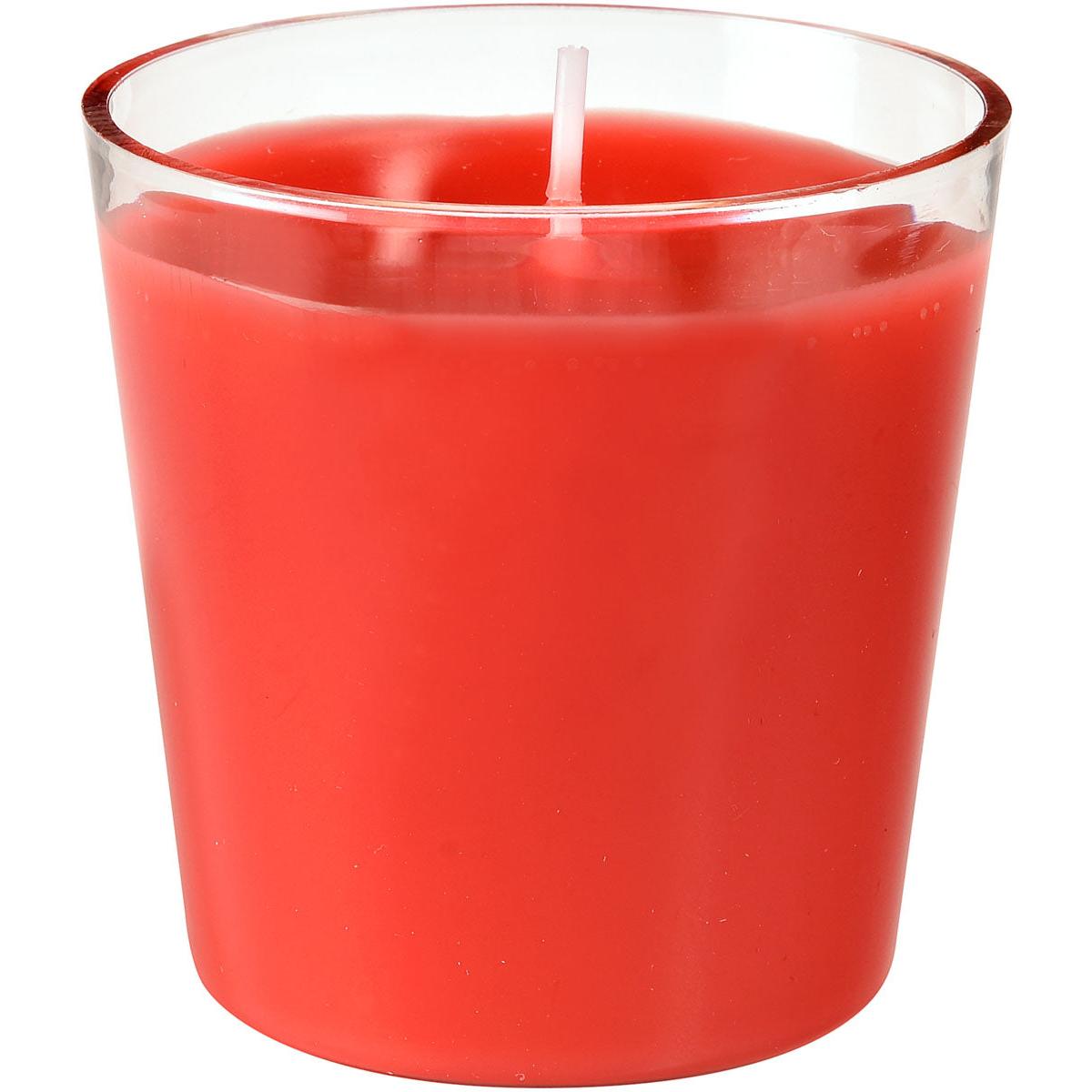 A red refill Switch & Shine candle from Duni GmbH in a clear glass holder, viewed from a slightly elevated angle. It features a central unlit white wick and offers about 30 hours of burn time for long-lasting enjoyment. Size: 65 x 65 mm, refill unit.