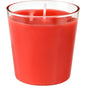A red refill Switch & Shine candle from Duni GmbH in a clear glass holder, viewed from a slightly elevated angle. It features a central unlit white wick and offers about 30 hours of burn time for long-lasting enjoyment. Size: 65 x 65 mm, refill unit.
