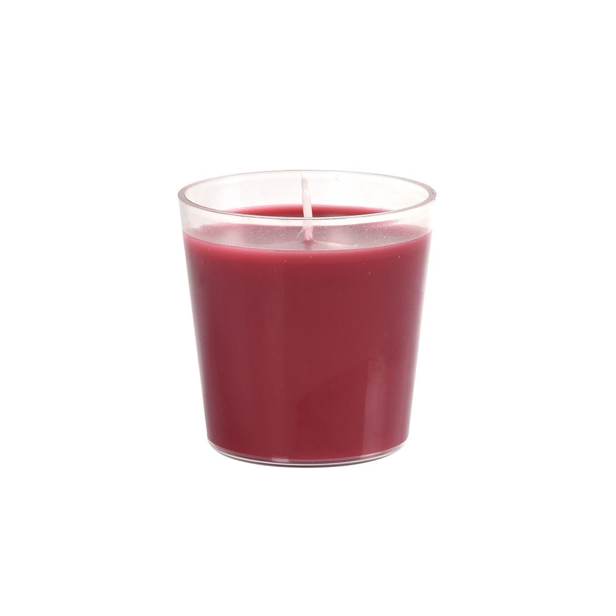 A small, clear glass container holds a deep red refill Switch & Shine candle from Duni GmbH (about 30 hours, 65x65 mm), with a single white wick and extra-long burn time, displayed against a simple white background.