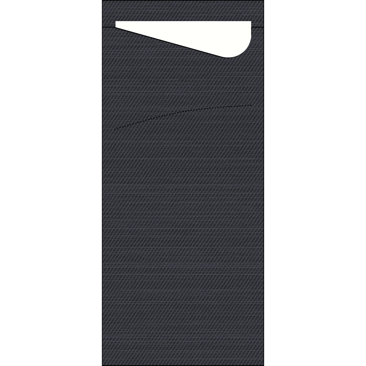 The Sacchetto tissue 190 x 85 mm from Duni GmbH is a black, textured envelope with a diagonal flap that is partially open, revealing a white sheet inside.