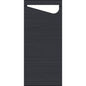The Sacchetto tissue 190 x 85 mm from Duni GmbH is a black, textured envelope with a diagonal flap that is partially open, revealing a white sheet inside.