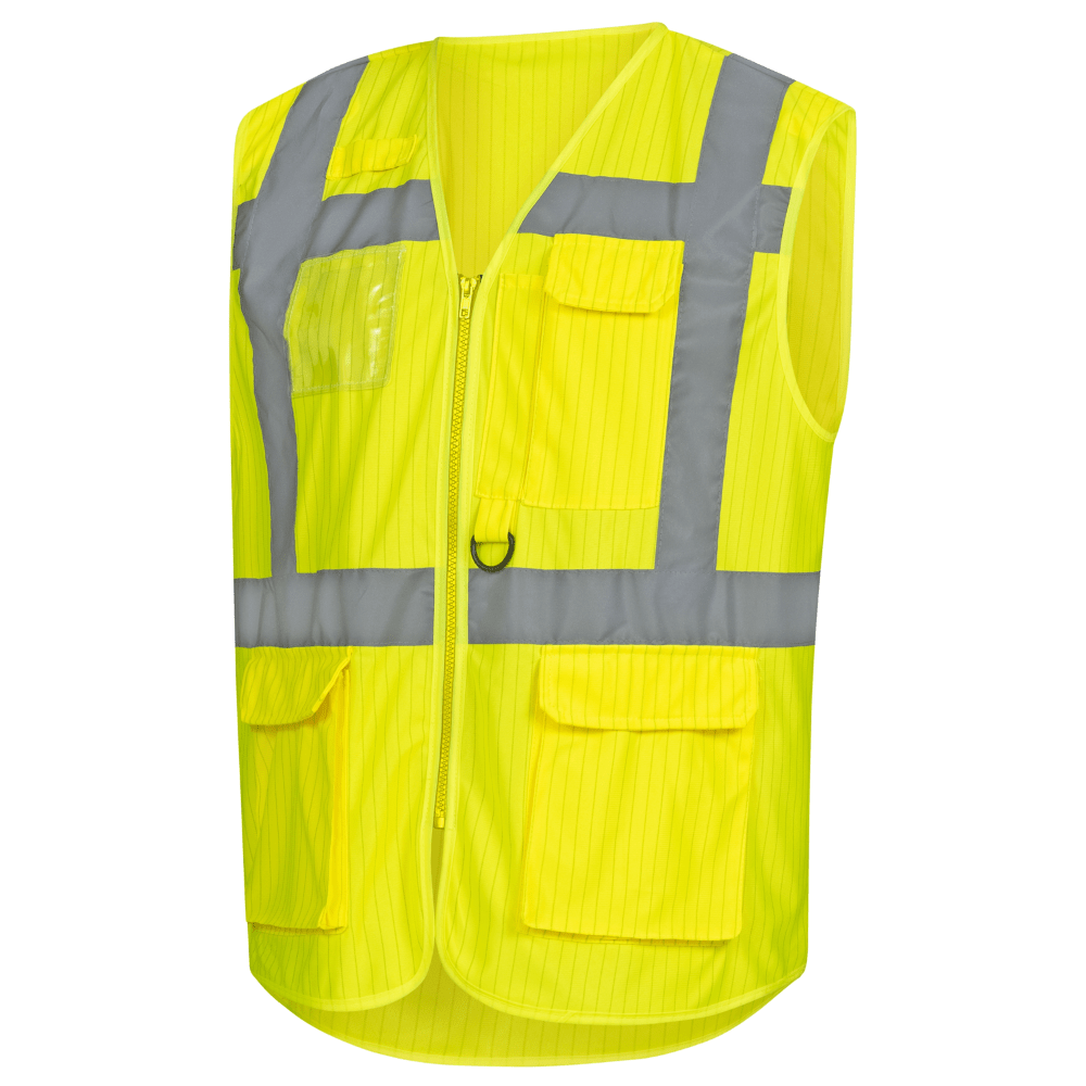 A bright yellow NITRAS high-visibility vest from AS Arbeitsschutz GmbH with reflective shoulder stripes and carbon thread for better visibility. The vest has a zipper on the front and several pockets, including transparent and flap-covered pockets, for additional utility.