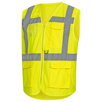 A bright yellow NITRAS high-visibility vest from AS Arbeitsschutz GmbH with reflective shoulder stripes and carbon thread for better visibility. The vest has a zipper on the front and several pockets, including transparent and flap-covered pockets, for additional utility.