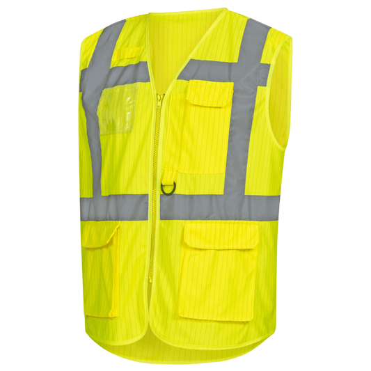 A bright yellow NITRAS high-visibility vest from AS Arbeitsschutz GmbH with reflective shoulder stripes and carbon thread for better visibility. The vest has a zipper on the front and several pockets, including transparent and flap-covered pockets, for additional utility.